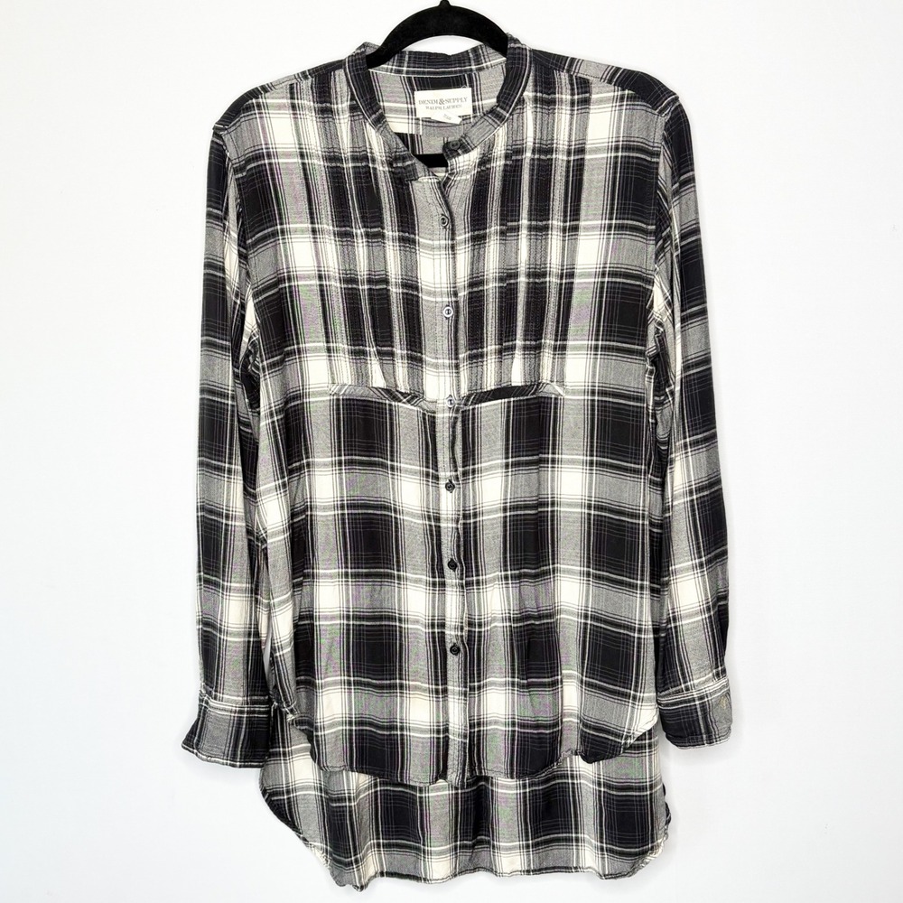 Denim & Supply Ralph Lauren Black White Plaid Viscose Tunic Shirt XL Band Collar